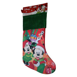 Disney Christmas Mickey Minnie Goofy 15.5" Satin w/Green Sequins Stocking by RUZ